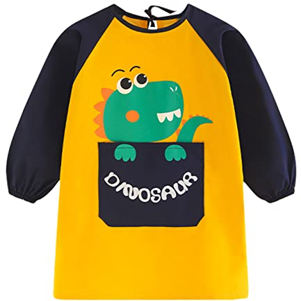 ROSEMO Malschürze Kinder Malerkittel für 6-12 Jahre Mädchen Junge Wasserdicht Malkittel Einstellbar Bastelschürze mit Dinosaurier Muster Ärmeln und Taschen Bastelkittel Kunstschürze für Schule Malerei