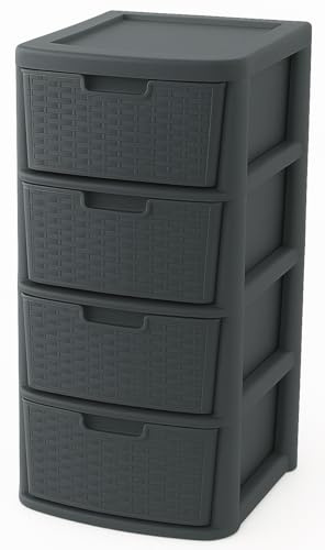 Grey 4 Drawer Plastic Storage Tower Organiser - Lightweight Bedroom & Office Storage Cabinet with Rattan Texture - Drawers for Clothes Toys & Supplies