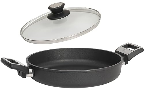 SKK große 2-tlg. Guss Paella-Pfanne Ø 28 cm - Induktion - hohe beschichtete Bratpfanne mit Seitengriffe & Deckel mit Edelstahlrand - Made in Germany