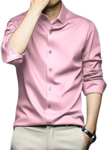 Générique Chemise Extensible Infroissable à Manches Longues Boutonnée pour Homme Chemise à Rayures Décontractée Mode Chemise Col Mao Soie Satin Repassage Facile Casual Business Mariage