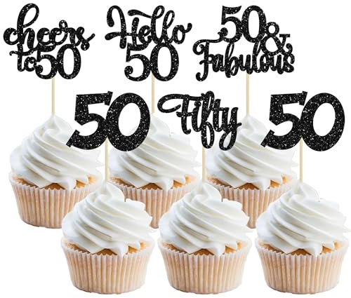 30Pcs Happy 50th Birthday Cupcake Toppers Black Glitter Fifty Cheers to 50 Years Old Birthday Cupcake Picks for 50th Birthday Anniversary Party Cake Decorations Supplies