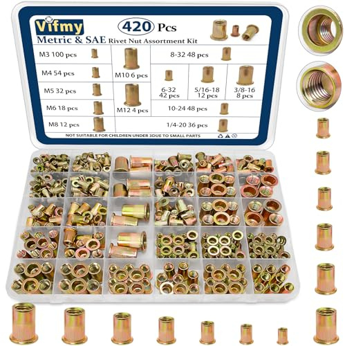 Vifmy Metric & SAE Rivet Nut Assortment Kit(420 Pcs),m3 m4 m5 m6 m8 m10 m12#6-32#8-32#10-24 1/4-20 5/16-18 3/8-16 UNC Flat Head Rivnut Set,Zinc Plated Finish Carbon Steel Nutsert