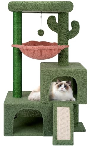 TWDEPART Torre de árbol de cactus para gatos de interior, centro de actividades con dos condominios para gatos, hamaca y postes rascadores, color verde