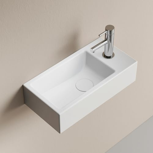EMKE Lave-Mains Suspendu 40,5 x 20,5 cm,Blanc Brillant,Robinet à Droite | Petit Lavabo de WC Rectangulaire en Céramique, Mini Vasque Murale Gain de Place avec Trou (Sans Robinet ni Bonde)