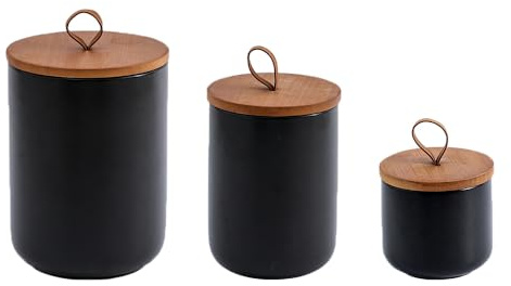 outer treasure Vorratsdose mit Deckel, Keramik Zuckerdose für Kaffee, Tee | Zuckerdose mit Deckel aus Bambus, Kaffeedose Luftdicht Küchen Aufbewahrung Dosen Keramikdose, Schwarz 3-Teiliges Set