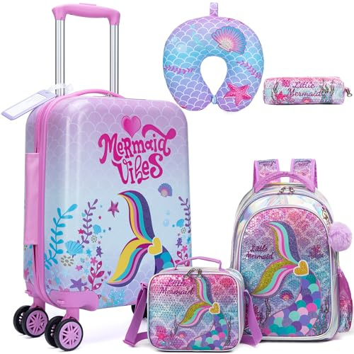 HTgroce Kinderkoffer mit Rucksack, Kids Trolley, Kindergepäck mit Rollen, Reisekoffer mit Teleskopgriff, Hartschalenkoffer für Kinder, Kindertrolley