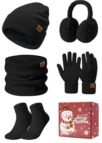 PASUDA Mützen Schal Handschuhe Damen Winter 5 Stücke Set Warme Fleece Gefütterte Beanie Wintermütze Halswärmer Touchscreen Handschuhe Plüsch Ohrenschützer Verdickte Socken Damen Winterzubehör