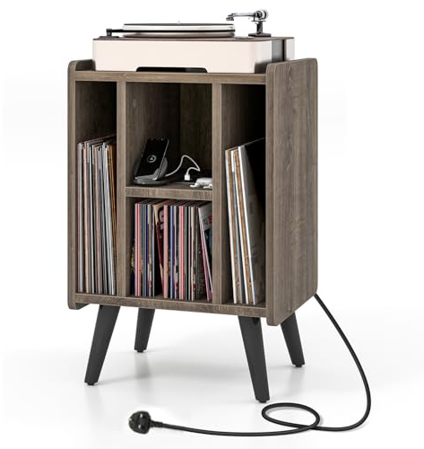 CASART Record Player Stand, Vinyl Record Storage Cabinet Sofa Side Table with Charging Station & USB Port, Industrial Turntable Stand End Table for Living Room Bedroom Studio (Grey Oak)