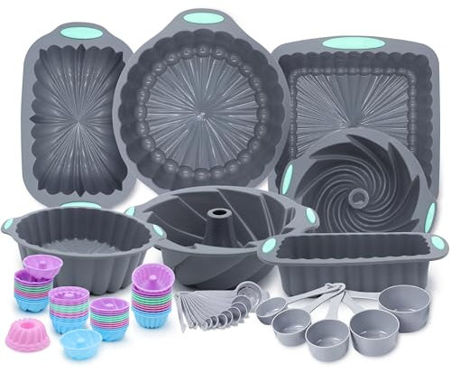 Tongjude 72 Pieces Silicone Bakeware Set, Nonstick Baking Pans Set, Easy Release Oven Silicone Pan for Kitchen with Cake Pans, Loaf Pans, Baking Cups, Measuring Cups and Spoons Set, Grey