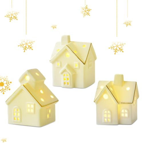 3 Stück Teelichthaus Keramik, Weihnachtsdeko Lichthäuser Lichterhaus aus Porzellan, Lichthaus Lebkuchenhaus, Weiss Weihnachtshaus Teelicht Haus Windlicht Haus Teelichthalter für Weihnachten Deko (A)