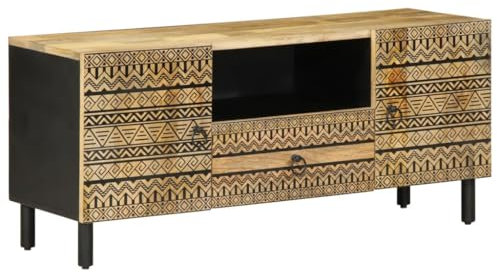 Sufrk Meuble TV noir 105 x 33,5 x 46 cm en bois massif, mangue brut, meuble TV mobile, meuble de télévision, meuble industriel table basse vintage console pour salon
