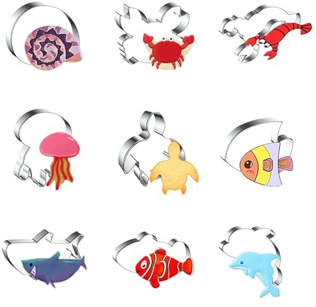 WDYJMALL Ocean Creature Animal Cookie Cutters 9-Pc Set - Nautilus Shell Crab Lobster Jellyfish Turtle Tropical Fish Shark Clownfish Dolphin - E