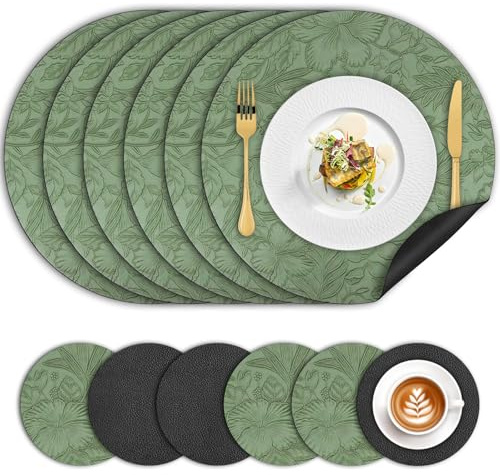 Tischsets Abwaschbar Leder und Untersetzer, Blumen Platzset Rund 34cm Doppelseitigen rutschfest Platzdeckchen 6er Set, Kunstleder Tischset Lederoptik Platzsets für Hause Küche Restaurant(Grün Schwarz)