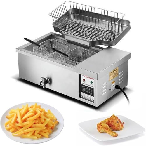 LYJYUJIE Freidora eléctrica Comercial 3000W 12L de un Solo Tanque freidora de virutas de Acero Inoxidable encimera Cocina freidora con cestas, Tapas~/
