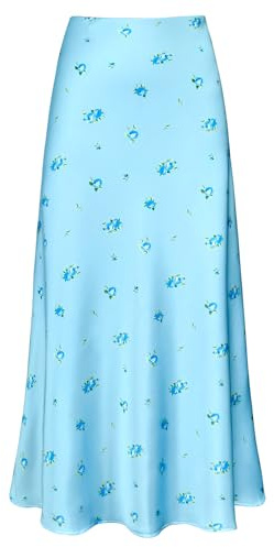 Outoshe Maxikjol för dam, i satin, med hög midja, dolt elastiskt midjeband, A-linjeformad, lång kjol, Blomma blå, L