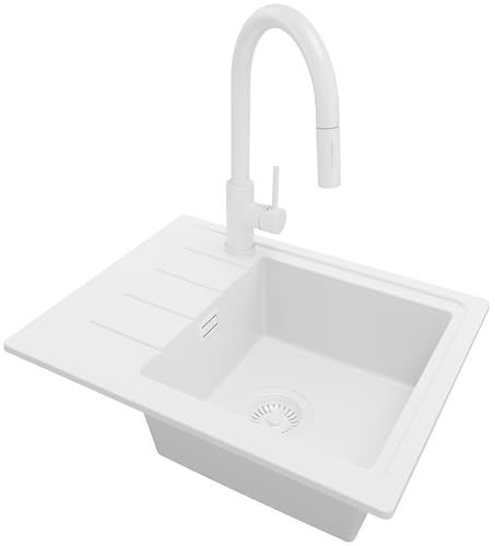 PRIMAGRAN Evier Cuisine en Granit au Meuble 45cm + Robinet, 55x44cm | Set: Robinet BW9010 + Kit de Vidage (Siphon, bonde d’évacuation, trop-plein) + Lavabo 1 Bac - Copenhague Easy, Tout Blanc