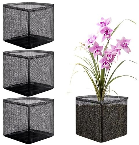 HIKENRI 4Pcs Aquatic Plant Pots(Bags),Reusable Mesh Floating Pond Planters Baskets,Breathable And Collapsible Aquatic Baskets For Pond Plants,Lily Pots for Bog,Terrestrial Plants(Square)