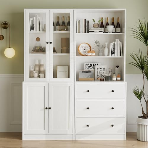 VOWNER Vitrine en Verre 180 cm Haute, Bibliothèque avec Portes en Verre, Étagère Haute sur 6 Niveaux, Bibliothèque Meuble de Rangement,Armoire Vitrine pour Bureau, Salon, A+B(Blanc)