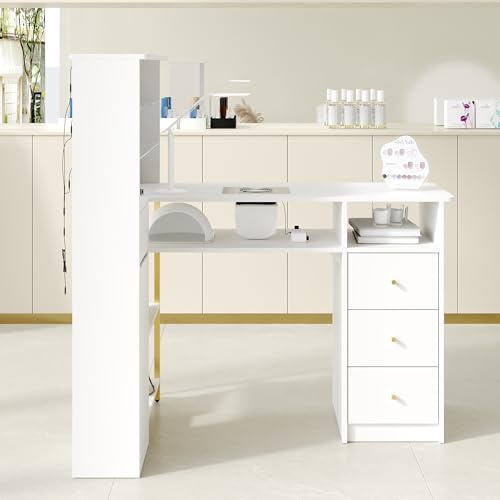 PREMTURE Maniküretisch mit Stauraum & Staubsauger, Nageltisch mit 3 Schubladen, Schrank & LED-Beleuchtung, Kosmetiktisch für Nagelstudio, Weiß mit Glasböden & Goldgriffen, 120x75x126,5 cm