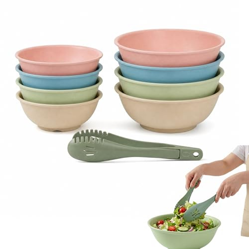 YDAKGUEY Plastic Bowls, 8Pcs Cereal Bowls with Multifunctional Food Tong, Unbreakable Pasta Bowls for Soup Salad Fruits Noodles(4 Colors 2 Sizes)
