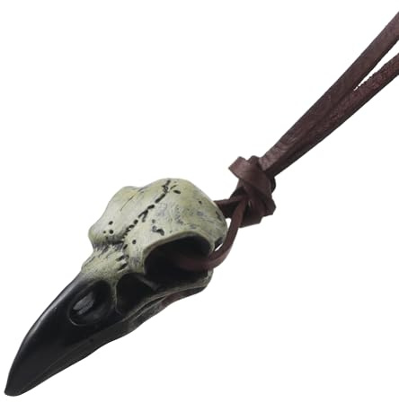 GuoShuang Viking Raven Skull Necklace for Men Women, Crow Skull Pendant on Adjustable Leather Cord, Gothic Halloween Cosplay Norse Jewelry, Gift Pouch Included