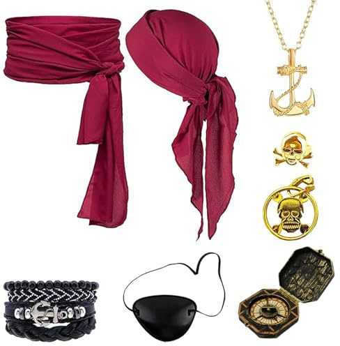 Mailfull 8-Delat Pirattillbehörsset med Huvudduk, Höftduk, Ogonmask, Halsband, Orhängen, Ring, Armband, Kompass, Piratkostym för Kvinnor och Män för Halloween, Karneval, Piratfest (Röd)