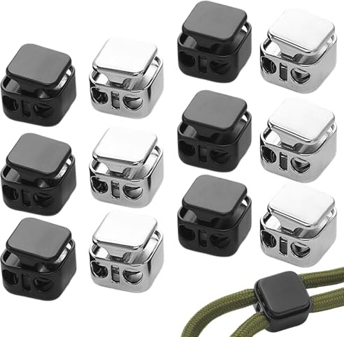 12 Pack Metal Double Hole Cord Locks Drawstring Stoppers Black & Silver