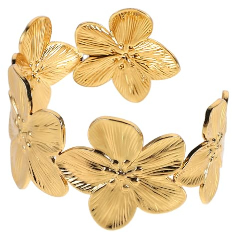 ANDRESLAD Bracelet Femme Doré Inoxydable Manchette Large Fleur Élégante Bijoux Plage Été Chic