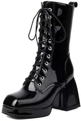 Generico Donna Punta Quadrata Vernice Stivali Corti Lacci Platform Stile Punk Tacco Alto A Blocco Stivaletti alla Caviglia,Nero,38 EU