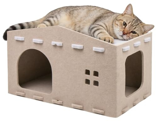 Katzenhöhle Filz, Katzenhaus aus Filz Katzenbett für Katzen, Abnehmbares Katzenbett, Katzenhaus Indoor, Katzenhöhle Katzen, Winterfest & Wärmeisolierend, Schutz der Katzennägel, 52x32x31 cm (Khaki)
