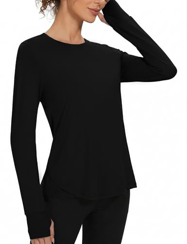 Gyabnw Camiseta Deportiva Mujer Camisetas de Gimnasia Ajuste Holgado Yoga Camiseta para Correr Ligera Que Absorbe la Humedad Cuello Redondo Manga Larga para Damas