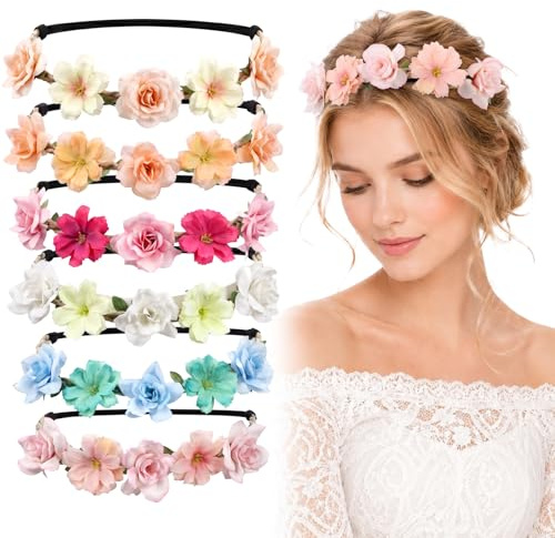 Macuezu 6 st blomkronor, boho-hårkransar för kvinnor, blommiga pannband blomtiaror blommig huvudbonad för bröllop, brudtärnor, festivalfest, fotografering och daglig användning