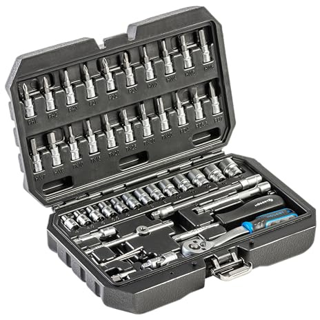 Högert Technik Tool Set 46-Piece Socket Spanner and Bit Set 1/4 Inch CRV Steel Fork Ring Spanner DIN 3124 in Steel Case