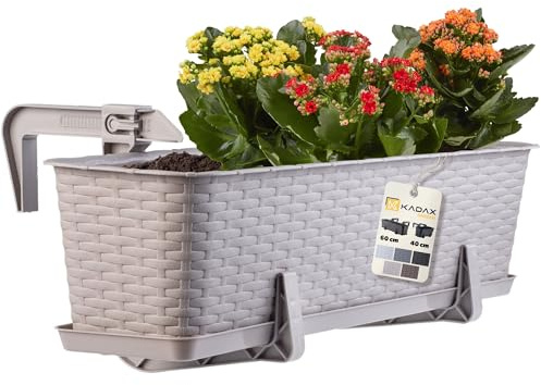 KADAX Blomlåda 60 cm karamell med hållare och underlägg, rottinglook – planteringskruka för balkong, väderbeständig balkonglåda