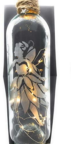 DISCONTINUED FLOATING FAIRY. HAND ETCHED WINE BOTTLE, TRIMMED WITH TWINE AND CHARMS. LIGHTS (CLEAR BOTTLE WITH BATTERY LIGHTS)