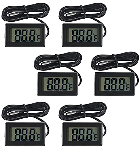 AITRIP 6-Pack TPM-10 Fahrenheit(℉) Digital Thermometer Wired for Car Greenhouse Indicator Indoor Room Freezer Refrigerator Aquarium with 1M Waterproof NTC Probe (Black)