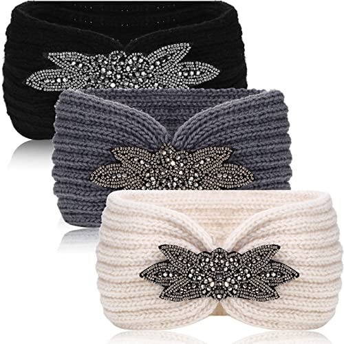 Lot de 3 bandeaux d'hiver en tricot pour femme - Motif floral - Avec paillettes - Chaud - Crochet - Cache-oreilles