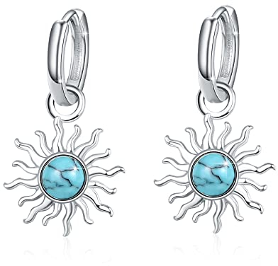 Türkis Sonne Ohrringe,925 Sterling Silber Türkisfarbenen Sonne Creolen Ohrring für Empfindliche Ohren Schmuck Geschenk für Frauen Mädchen (Türkis Sonne Ohrringe)