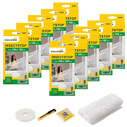 Schellenberg 10er Spar-Pack 20403 Fliegengitter für Fenster, Insektenschutz ohne Bohren, zuverlässiger Schutz gegen Mücken, Fliegen, Insekten & Ungeziefer, inkl. Befestigungsband, 150 x 180 cm, weiß