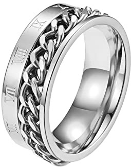 KnBoB 8MM Edelstahl Ringe, Silber Spinner Ring mit Römische Zahlen Anti Stress Ring für Herren Größe 57 (18.1)