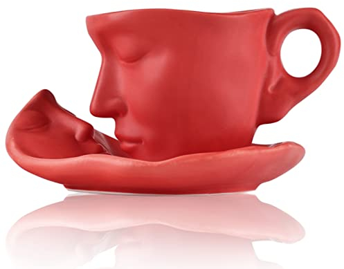 Oliruim Ensemble tasse à café rouge et soucoupe – Tasse à café unique en céramique de 250 ml avec cuillère, idéal pour la Saint-Valentin, mariage, anniversaire de mariage