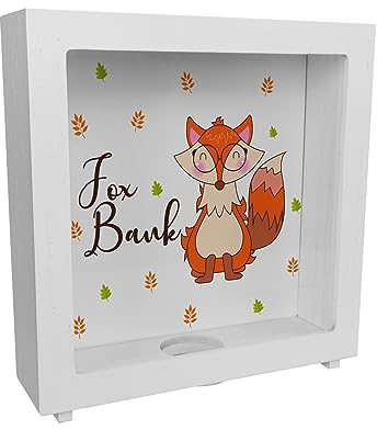 Fuchs Rahmen Spardose aus Holz mit Spruch Fox Bank Sparschwein für Kinder zum Weltspartag Sparen mit niedlichem Waldtier Geld Sparbüchse