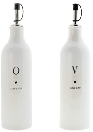 Bastion Collections Öl & Essig Flaschen Set O & V mit Ausgießer Keramik weiß schwarz Küchenzubehör Keramikgeschirr gedeckter Tisch BC Oil & Vinegar Set