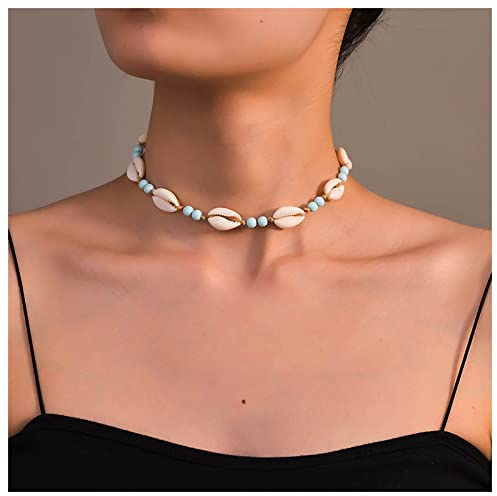 Inilbran Boho Muschel Choker Halskette Vintage Blau Türkis Mit Reisperlen - Einstellbar Schmuck Für Frauen und Mädchen