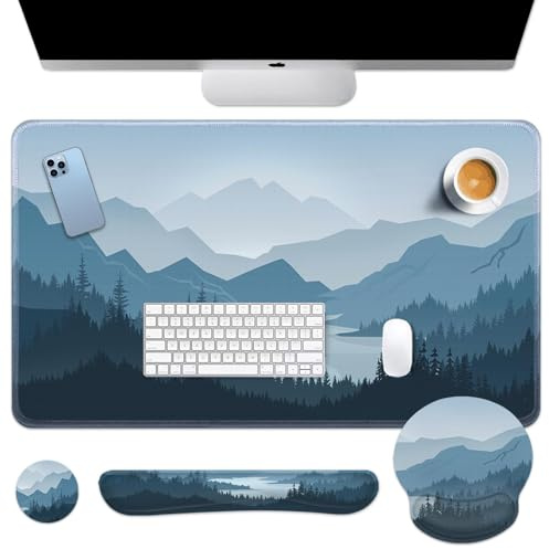 Arttown Schreibtischunterlage, Mauspad-Set mit Handgelenkstütze, 4-in-1 großes Mauspad + Tastatur-Handgelenkauflage + Maus-Handgelenkauflage + Untersetzer mit ergonomischem Design, rutschfeste Matte