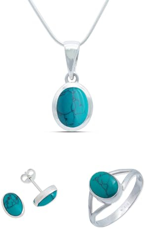mantraroma Schmuckset echt 925 Silber mit Türkis - Ring Kette Ohrringe in passendem Design (SET-016-15-60-45)