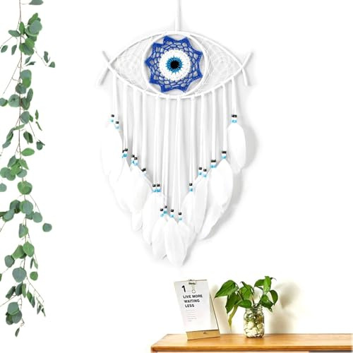 JZK Evil Eye Atrapasueños Macramé Ojo Turco Mal de Ojo con Plumas Blancas Decoración para Dormitorio Decoración de Pared Regalo Gótico de Cumpleaños