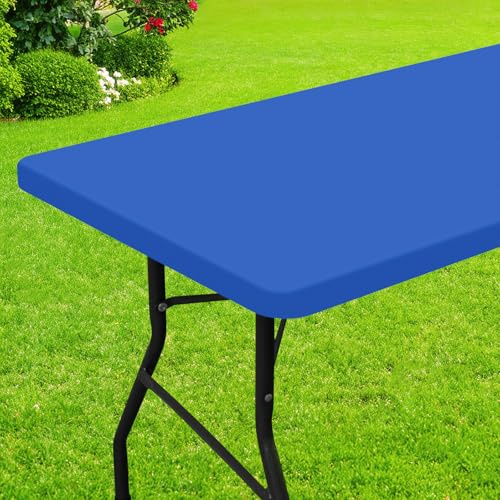 Smiry Rectangle Picnic Table Cloth, Waterproof Elastic Fitted Tablecloths for 6 Foot Tables, Washable Polyester Table Cover for Camping, Indoor and Outdoor (Blue, 30x72)
