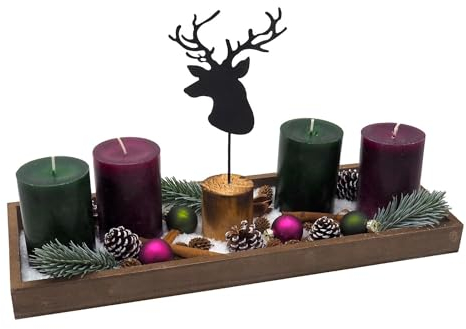 ZauberDeko Adventsgesteck Tablett Braun Kerzen Grün Beere Hirschkopf Weihnachten Deko