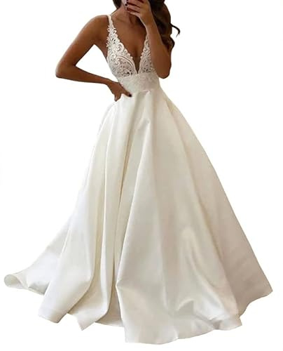 V-Collo in Raso Abito da Sposa Pizzo Prom Dresses Abiti da Sera Lunghi A-Line Abiti da Sposa, SEVENYXX, Bianco, 44
